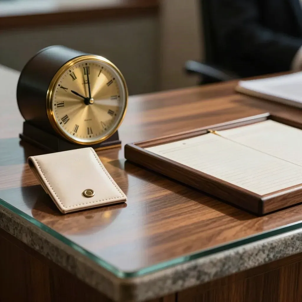 Brass booking dial, silent clock, keycard sleeve, and appointment tray on walnut reception surface.