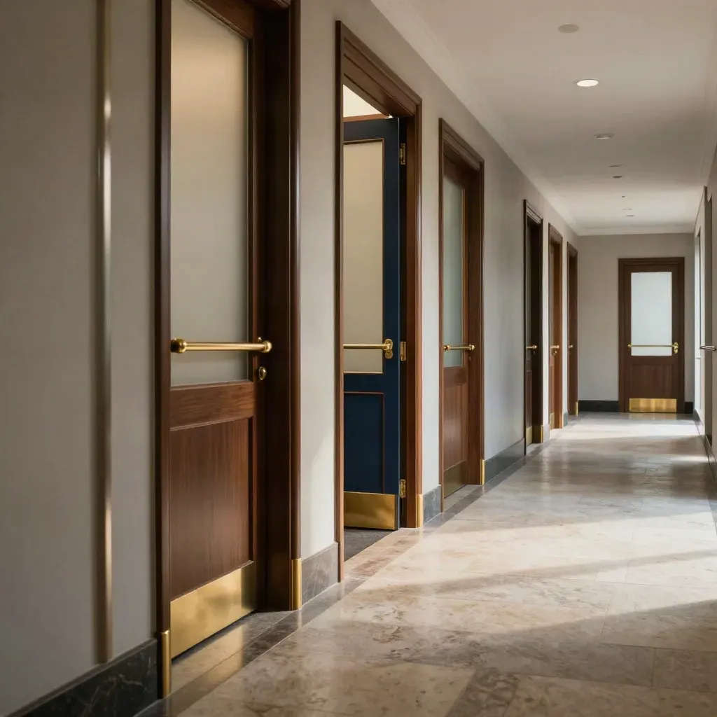 Elegant law office corridor with brass doors, stone thresholds, and one highlighted doorway