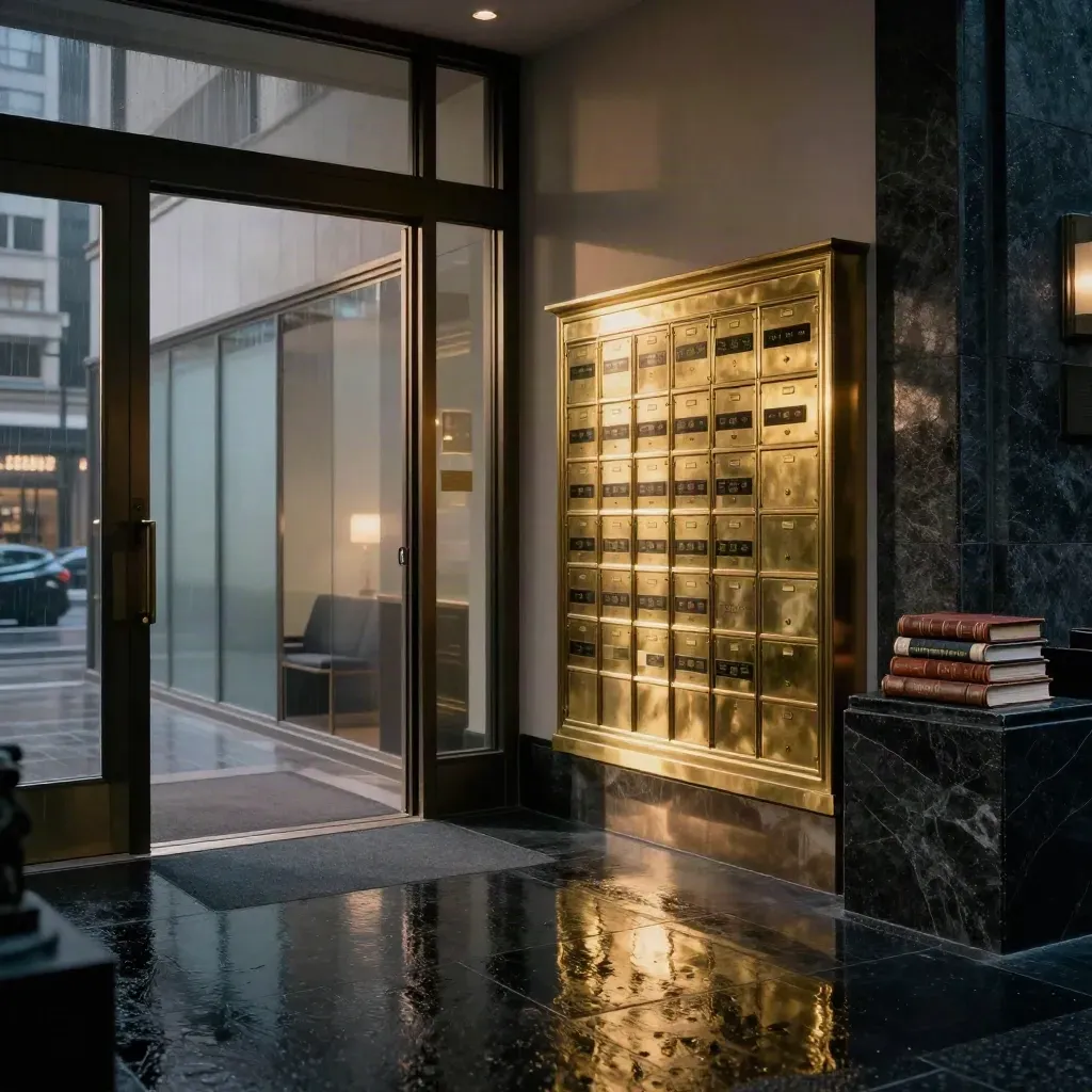 Rain-slick legal lobby with brass directories, frosted rooms, and warm evening glow