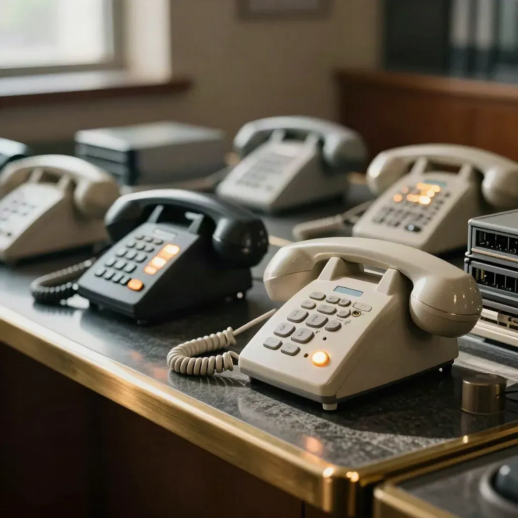 Dense cluster of glowing desk phones and routing trays on a dark stone legal intake counter