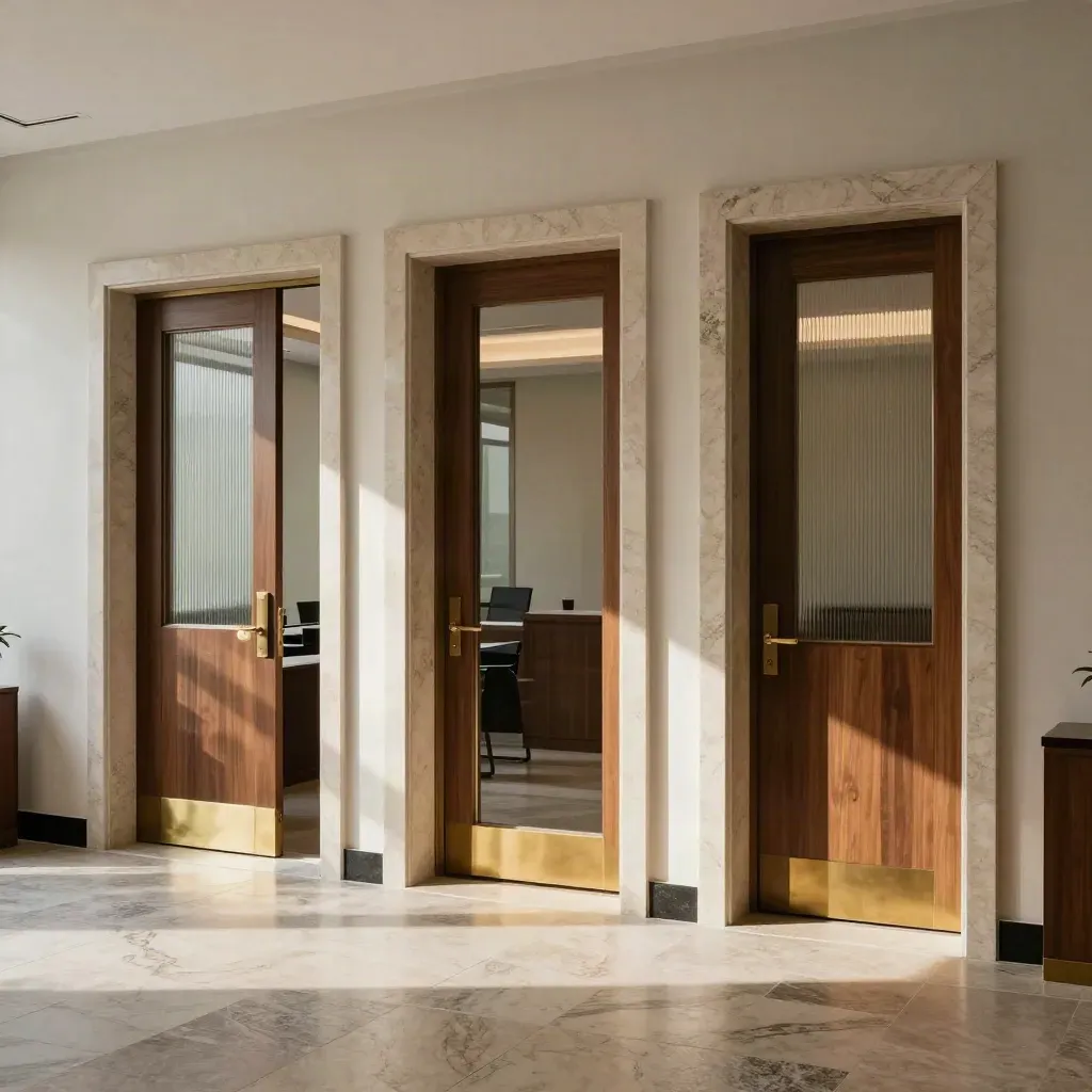 Three finished office doorways in a modern lobby, lit and ready for new law office locations.
