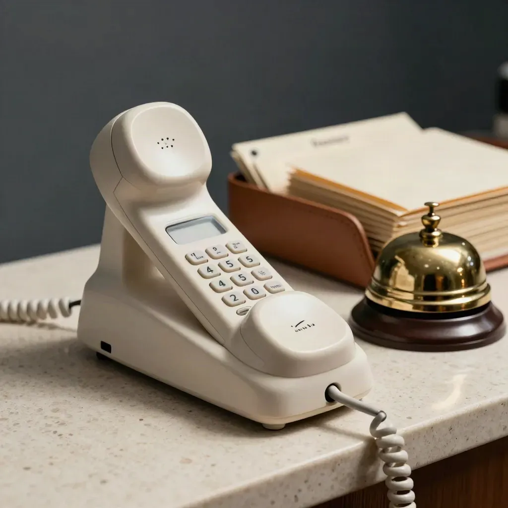 Cordless phone, brass bell and leather note tray on travertine reception counter.