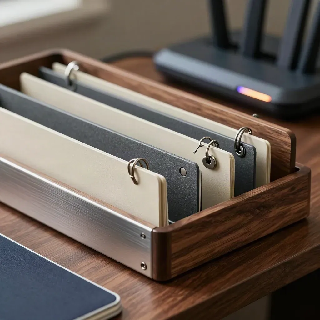 Legal search index tray with tabs, key tags, and a router on walnut, macro close-up.