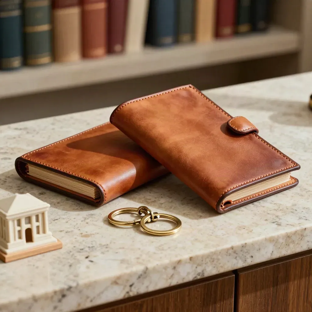 Crossed leather portfolios, brass key rings, and a model base on travertine in soft daylight