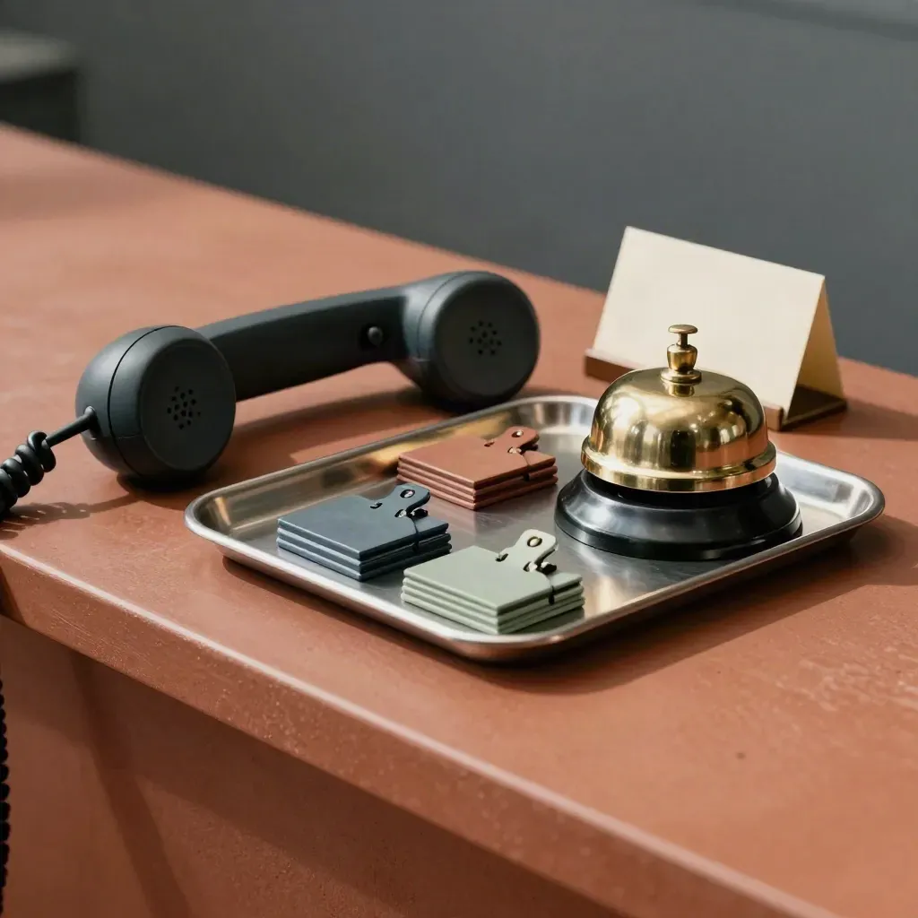 Legal support tools on a terracotta counter: phone handset, bell, tray and file clips.