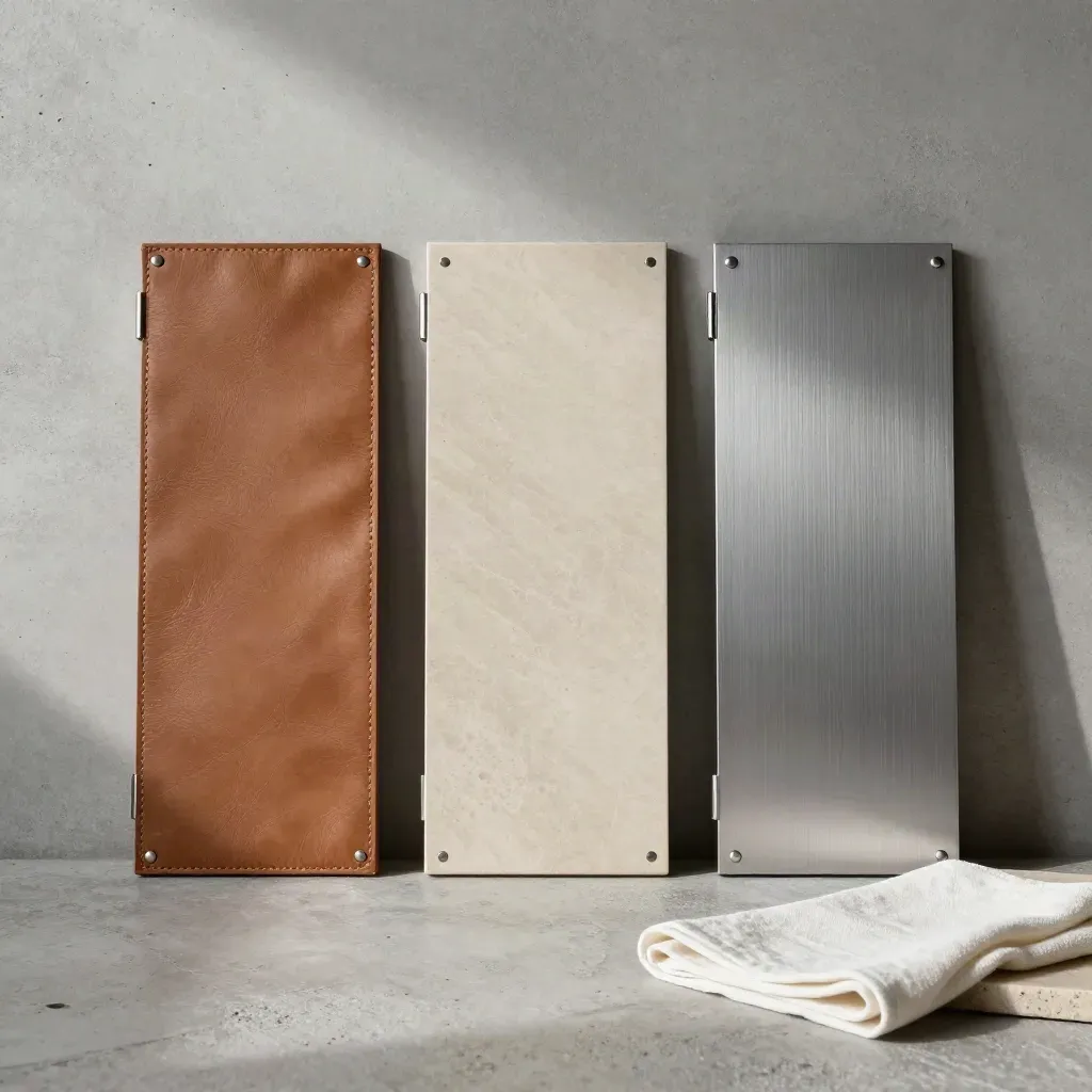 Three material profile slats on a stone tray with linen accent, legal comparison still life