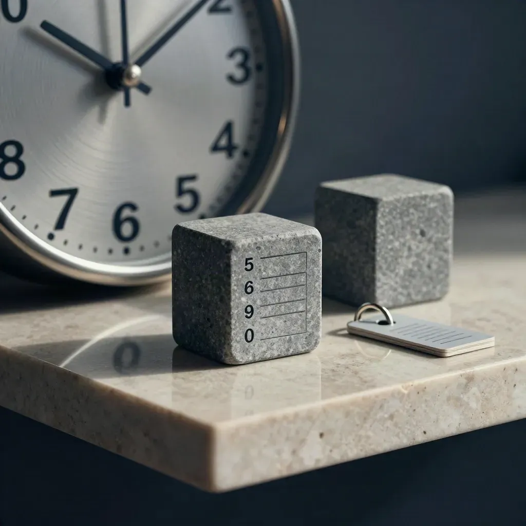 Minimal legal booking still life with clock face, time blocks, and ringed token on stone