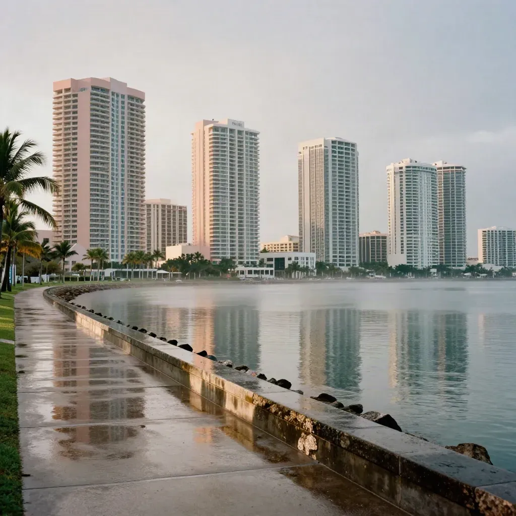 Pastel Miami skyline above wet palms, calm bay and rain-sheened concrete at dawn.